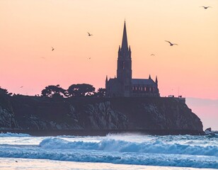 Majestic Gothic Church Silhouetted Against a Pastel Sunset Sky with Seagulls and Crashing Waves