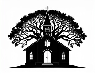 Silhouette Church with Tree, Black and White, Christian Symbol.