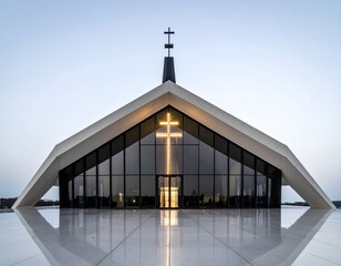 Modern A-frame church with glowing cross through glass facade and reflective plaza