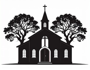 Black Silhouette Church with Steeple, Cross, and Two Large Trees