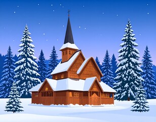 Charming wooden church nestled in a snowy winter forest at dusk with falling snow