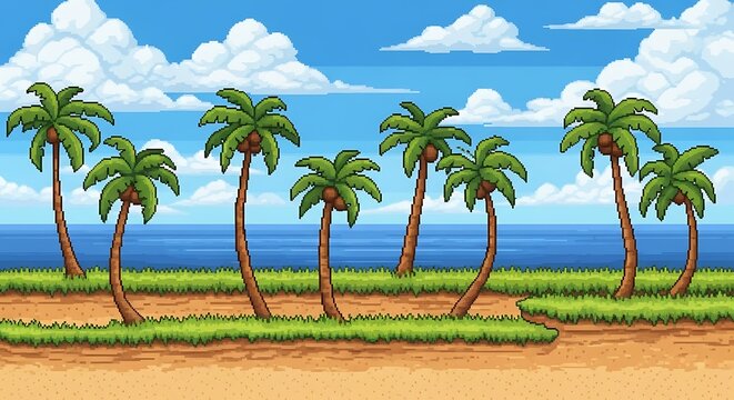 Pixel art tropical beach scene with palm trees and ocean for a video game background.