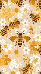 Honeycomb pattern with bees and flowers