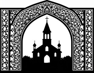 Silhouette Church with Ornate Frame, Black and White Design.