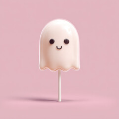 Fototapeta premium Cute ghost shaped lollipop with smiling face on pink background, creating playful and whimsical atmosphere