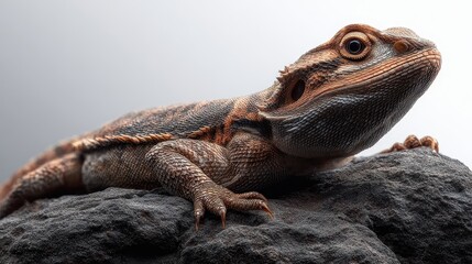 Obraz premium Close-Up Lizard Resting On Dark Rough Rock Under Soft Ambient Light