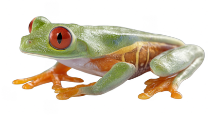 A close-up of a green tree frog with vibrant red eyes and orange feet, showcasing its unique coloration and natural features.