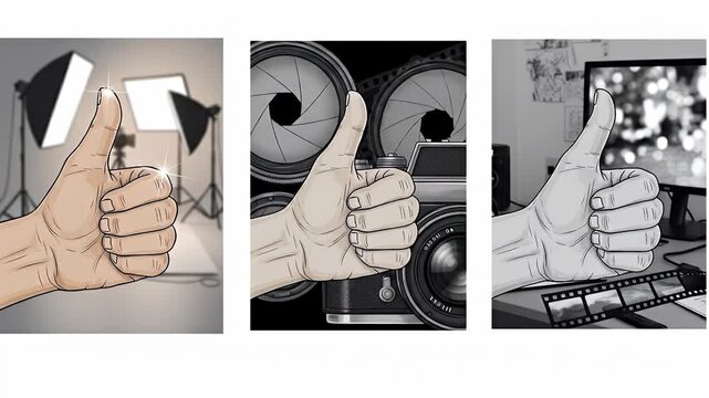 Three Separate Graphic Artworks with Thumbs Up Against Studio Equipment and Computer