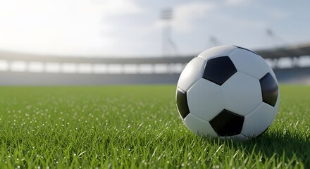 Fototapeta premium Soccer Ball Resting on a Green Grass Field – Classic Football on Natural Outdoor Stadium Grass