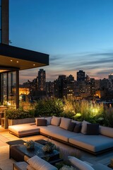 A large outdoor living area with a view of the city