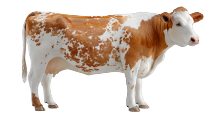 A brown and white spotted cow is depicted standing alone against a plain white background, showcasing its distinctive coat pattern.