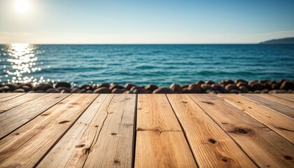 Fototapeta premium Wooden deck overlooking the sea, with sunlight reflecting on the water