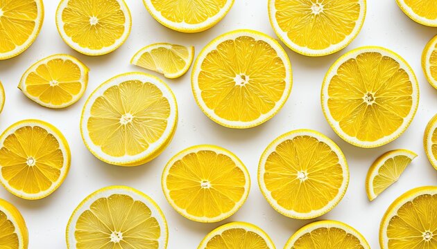 Fresh lemons sliced on a white background. Vibrant yellow citrus fruit, sunny pattern