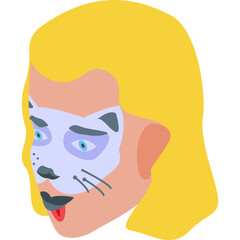 Blonde Woman With White Cat Face Paint And Blue Eyes Sticking Out Tongue With Gray Lipstick And Pink Cheeks Flat Design Illustration Transparent Background
