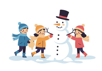 Fototapeta premium Three Cheerful Children Building a Snowman with a Hat and Scarf in the Fun Snow 