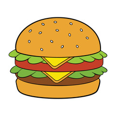 A juicy cheeseburger stacked with a grilled beef patty, melted cheese, crisp lettuce, tomato, pickles, and onions, all tucked between soft golden buns.
