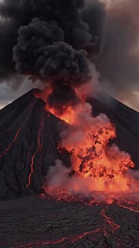 Down the side of the volcano, a pyroclastic flow descends.