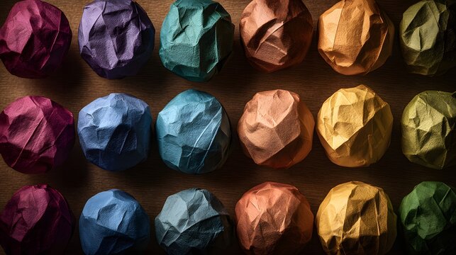 Colorful crumpled paper balls arranged in rows on a wooden surface.