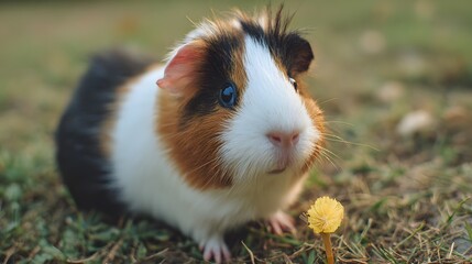 Small furry animal with tri-color coat on grass near a tiny yellow flower.