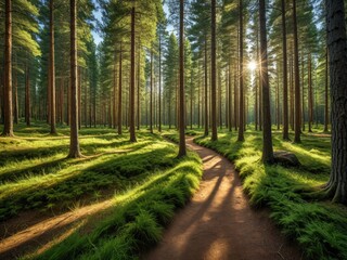 Fototapeta premium Forest trail with sun shining through tall trees, casting shadows on green grass