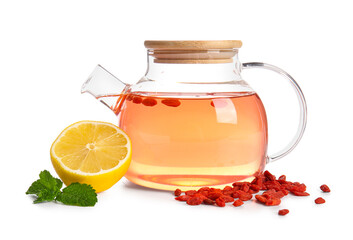 Teapot of hot goji tea with lemon and mint on white background