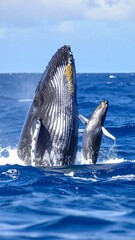Humpback whales breaching the ocean surface