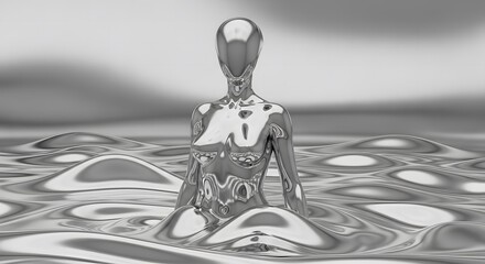 Chrome Alien Woman Liquid Metal with No Face – Amorphic Humanoid Cyborg Robot Concept Art