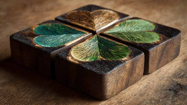 Four leaf clover design on stained wood handcrafted Irish art
