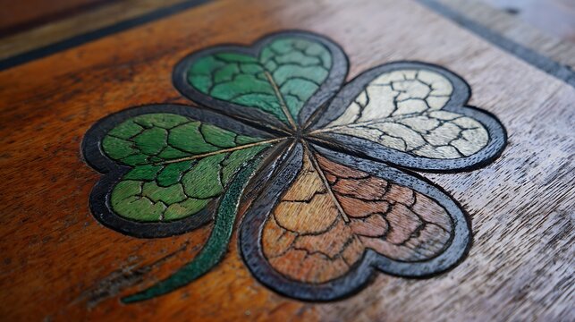 Four leaf clover design on stained wood handcrafted Irish art