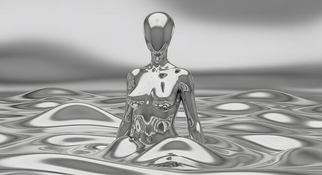 Chrome Alien Woman Liquid Metal with No Face – Amorphic Humanoid Cyborg Robot Concept Art