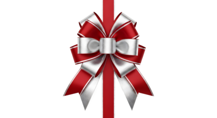 Red and Silver Ribbon Bow Decoration, Gift Package, Studio, Isolated, Top View, Realistic Red Envelope for New Year Celebration Concept