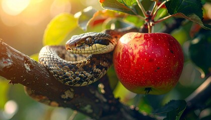 Snake on a tree with an apple fruit. Forbidden fruit concept religious theme.