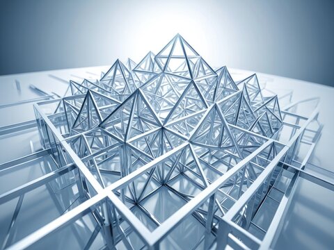 Architectural geometric wireframe structure with layered pyramid designs