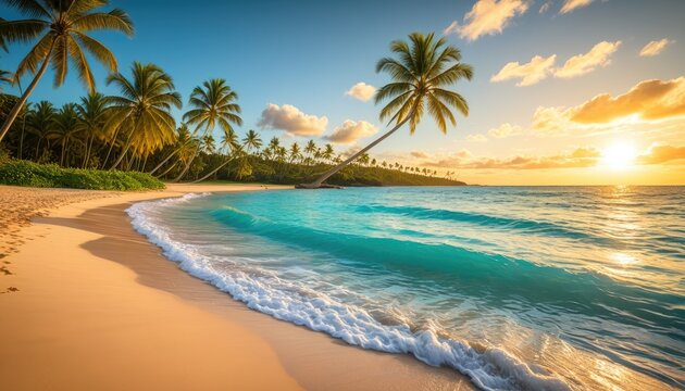 Tropical paradise scene turquoise water, palm trees, sandy beach, sunset sky - Powered by Adobe