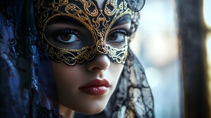 A woman wearing a gold and black masquerade mask with a veil looks directly at the camera.