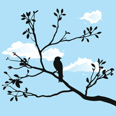 Silhouette of Bird on Tree Branch with Cloudy Sky Background