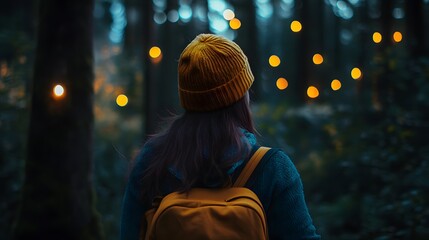 Obraz premium A woman wearing a yellow beanie and backpack walks through a dark forest with fairy lights strung through the trees.