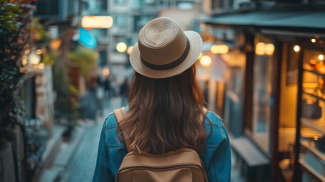 A woman wearing a hat and a backpack walks down a narrow street in a city. - Powered by Adobe