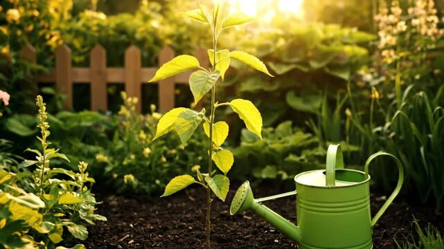 A young sapling newly planted in a lush home garden with a green watering can nearby, bathed in warm golden sunlight symbolizing growth