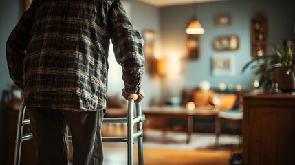 Elderly person uses a walker for mobility assistance indoors.