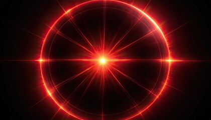 Bright red ring of light with radiating beams against black background