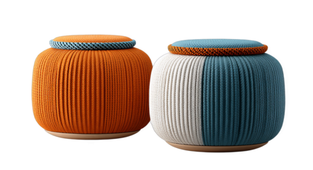 Two knitted round stools with colorful patterns, showcasing modern design and comfortable seating for interior decor.