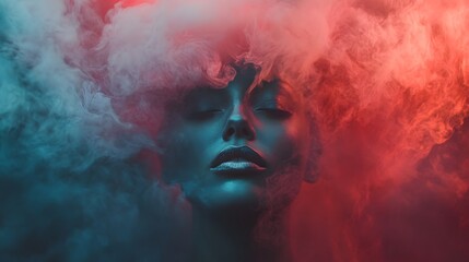 A woman's face emerges from a swirl of red and blue smoke, her eyes closed in contemplation.