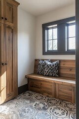 A wooden bench with a cushion on it
