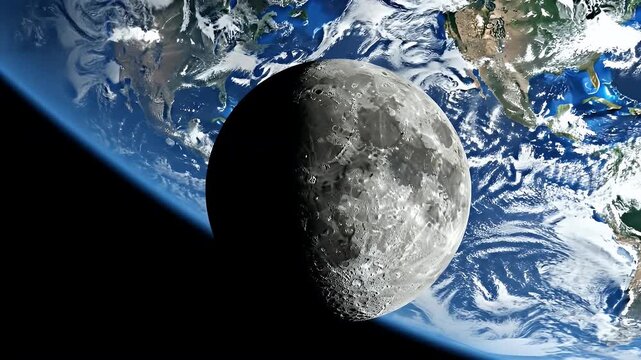 Half Moon in Outer Space with Earth Background Detailed Lunar Surface and Atmospheric Blue Hues Against Starry Black Backdrop Space Exploration