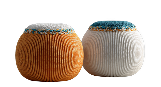 Two round stools with knitted surfaces and colorful trims, suitable for home interior decoration.