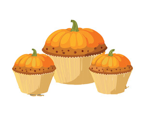 Grouping of plump Pumpkin Muffins or simple cupcakes, showcasing the beautiful orange color of a fall favorite dessert - Vector Illustration