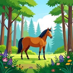 Horse in a lush forest glade