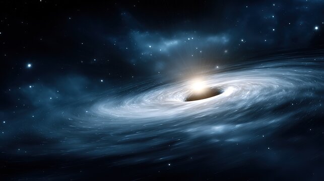 A swirling accretion disk of light and gas surrounds a black hole in the vastness of deep space with distant stars visible against a dark nebula