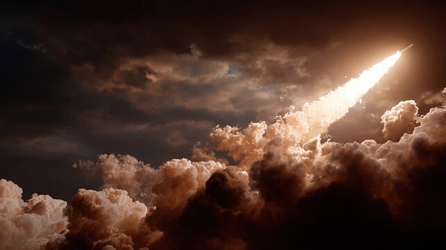 A rocket launches into a stormy dramatic sky leaving a bright exhaust trail amongst dark textured clouds
